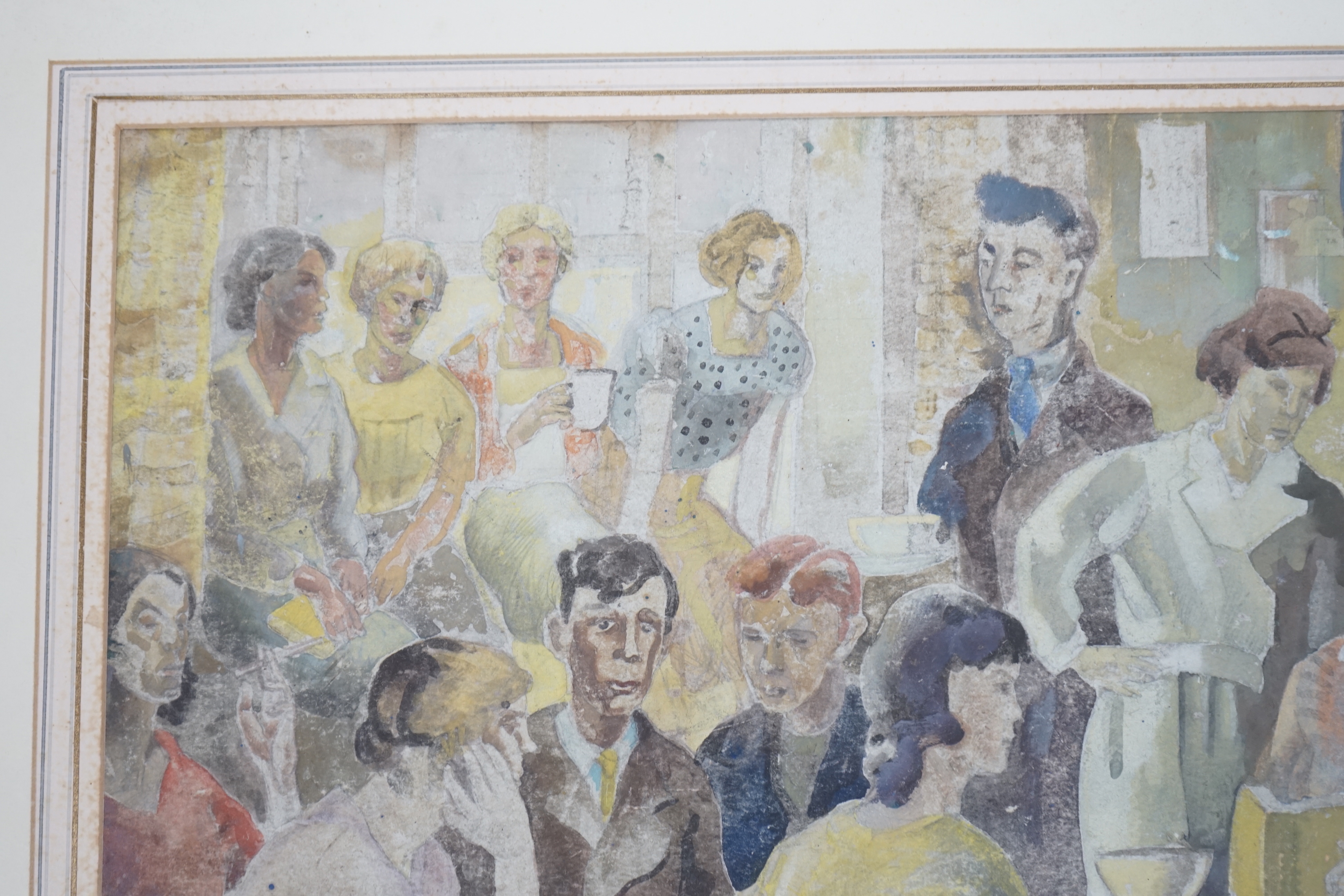 Elspeth Buchanan (Scottish, 1915-2011) mixed media, Figures in café, signed, 47 x 66cm